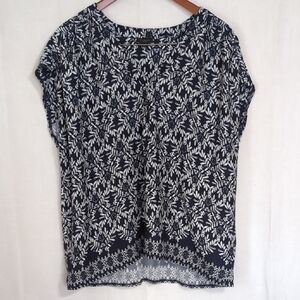 Ann Taylor Navy Blue Leaf Print Cap Sleeve Blouse Size Extra Large